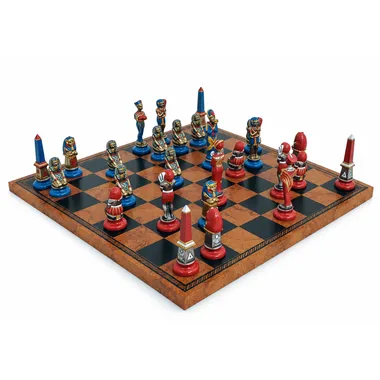 Schachspiel Altes Ägypten auf Schachbrett aus Kunstleder, Ansicht aus Gegenwinkel