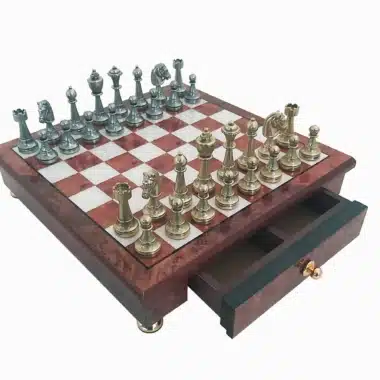 Staunton Schachfiguren und Schachbrett auf Fuß mit Holz-Aufbewahrungsschublade