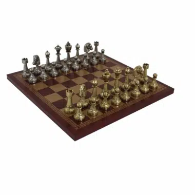 Staunton Schachspiel aus Metall & Schachbrett aus rotem / goldenem Kunstleder