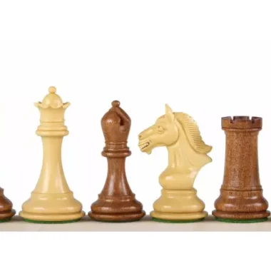 Staunton-Schachfiguren aus Akazie und Buchsbaum, Dame, Läufer, Springer und Turm