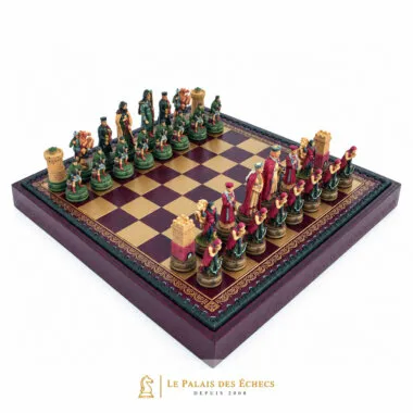 Camelot-Set: Schachbrett aus Kunstleder in Rot und Gold mit handbemalten Figuren