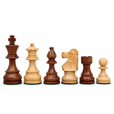 Staunton-Schachfiguren aus Akazie und Buchsbaum, Dame, Läufer, Springer und Turm