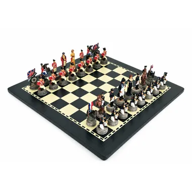 Schachspiel Schlacht von Waterloo bemalt auf Schachbrett aus Holz schwarz und elfenbein