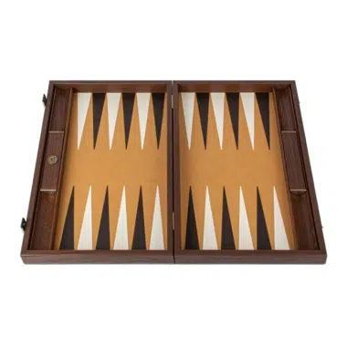 Luxus-Backgammon geöffnet, Spielfeld aus braunem Straußenlederimitat