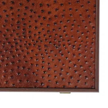 Backgammon-Kasten, Detail des hellbraunen Straußenleder-Imitats und goldenem Verschluss