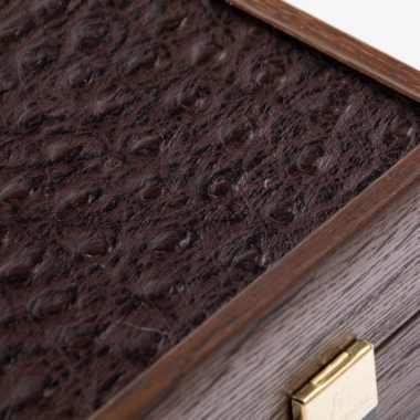 Backgammon-Kasten, Detail des dunkelbraunen Straußenleder-Imitats und goldenem Verschluss