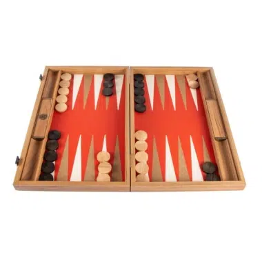 Backgammon aus rotem Vermillon-Kunstleder, geöffnet mit Holzsteinen