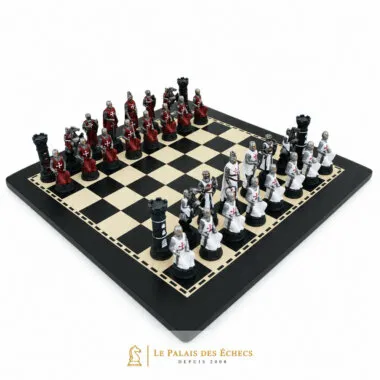 Schachspiel-Set Templerorden - Handbemalte Figuren und Schachbrett aus schwarzem Ebenholz