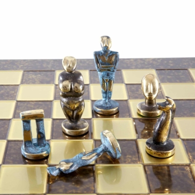 Schachspiel im zykladischen Kunststil aus massivem Messing - Blaue und Braune Figuren – Bild 15