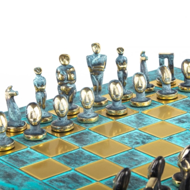 Schachspiel im zykladischen Kunststil aus massivem Messing - Blaue und Braune Figuren – Bild 9