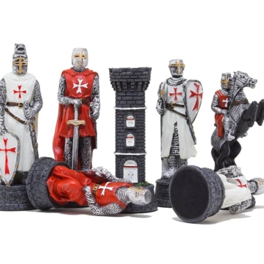 Schachspiel-Set der Tempelritter - Handbemalte Figuren und Schachbrett in Schwarz-Ebenholz-Optik – Bild 3