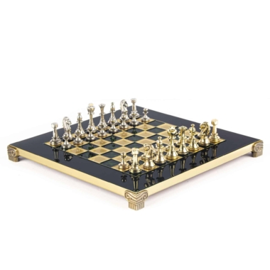 Kleines Staunton Schachspielset aus Silber- und Goldfarbenem Metall mit Metall-Schachbrett auf Fuß und Aufbewahrungskoffer – Bild 13