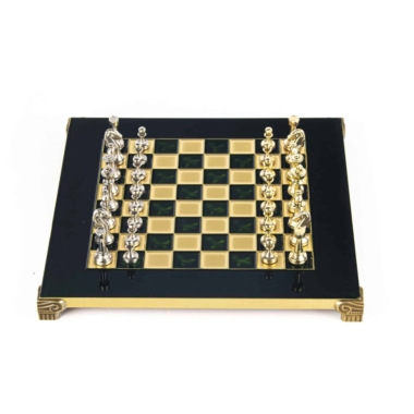 Kleines Staunton Schachspielset aus Silber- und Goldfarbenem Metall mit Metall-Schachbrett auf Fuß und Aufbewahrungskoffer – Bild 14