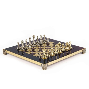 Kleines Staunton Schachspielset aus Silber- und Goldfarbenem Metall mit Metall-Schachbrett auf Fuß und Aufbewahrungskoffer – Bild 9