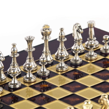 Kleines Staunton Schachspielset aus Silber- und Goldfarbenem Metall mit Metall-Schachbrett auf Fuß und Aufbewahrungskoffer – Bild 11