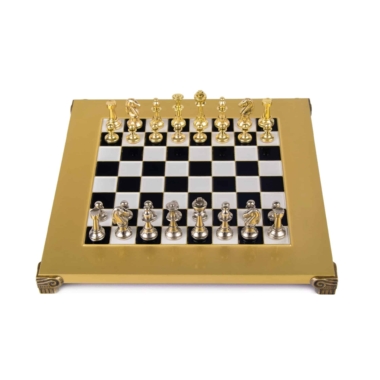 Kleines Staunton Schachspielset aus Silber- und Goldfarbenem Metall mit Metall-Schachbrett auf Fuß und Aufbewahrungskoffer – Bild 6