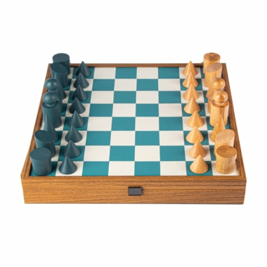 Schachspiel-Set im Bauhaus-Stil aus Holz und blau-weißem Kunstlederbrett mit Aufbewahrung – Bild 5