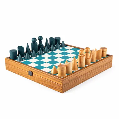 Schachspiel Bauhaus Türkis und Natur - Schachbrett aus Holz und Kunstleder & Figuren aus Holz