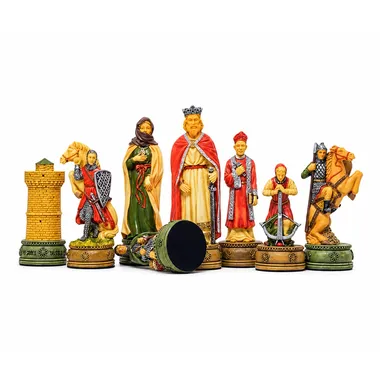 Figuren des Schachspiels Camelot aus bemaltem Harz, mittelalterliche Gestalten und Turm