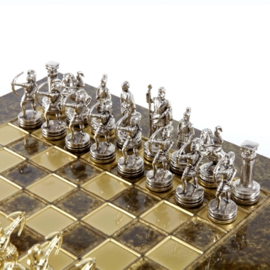 Kleines Schachspielset aus Silber- und Goldmetall Bogenschützen - Laminierte Holzbox mit Metall-Schachbrett – Bild 9