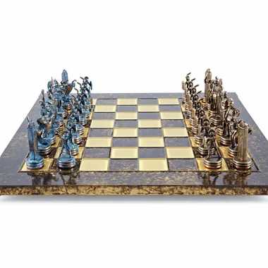Komplettes Schachspiel griechische Mythologie, Bronze- und blaue Figuren gegenüberstehend