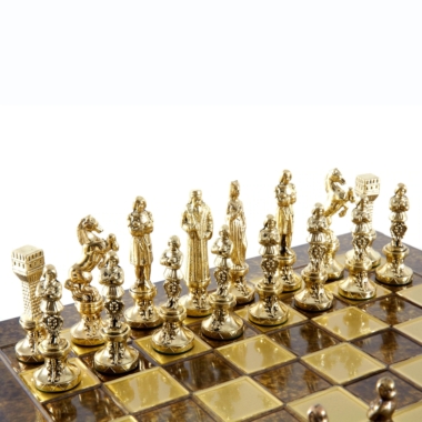 Schachspiel Renaissance - Schachbrett und Schachfiguren aus Gold- und Bronze-Metall – Bild 5