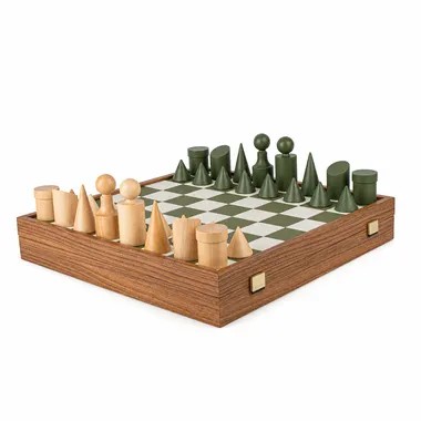 Schachspiel Bauhaus Grün und Natur - Schachbrett aus Holz und Kunstleder & Figuren aus Holz