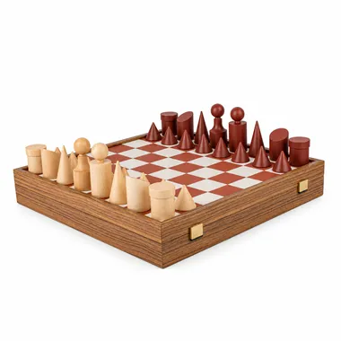 Schachspiel Bauhaus Terracotta und Natur - Schachbrett aus Holz und Kunstleder & Figuren aus Holz