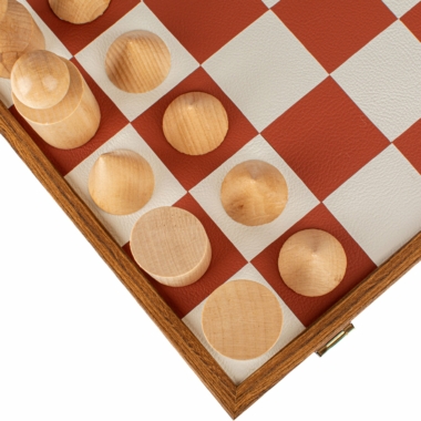 Schachspiel-Set im Bauhaus-Stil aus Holz und Spielbrett aus Kunstleder - Terrakotta & Weiß - 40 x 40 cm – Bild 7