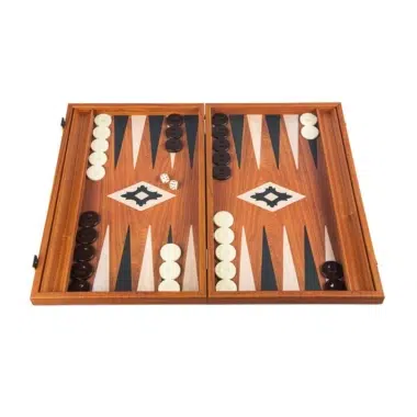 Backgammon-Set aus Mahagoniholz, geöffnet mit Steinen und Würfeln