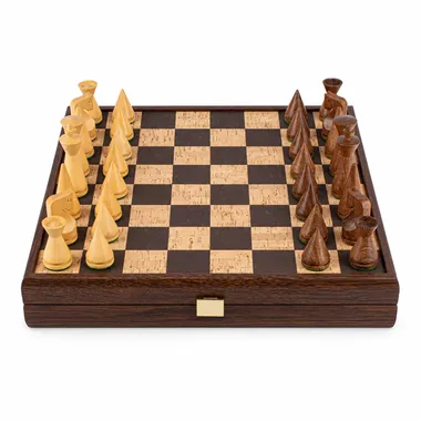Komplettes Schachspiel mit braun-natürlichem Korkbrett, geschlossene Box