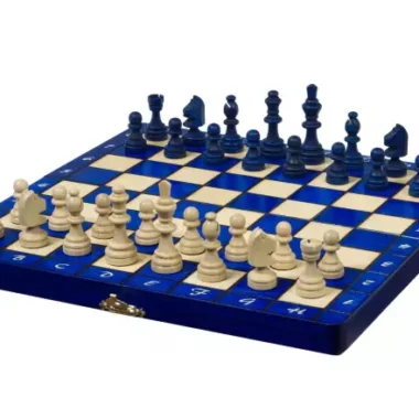 Magnetisches Schachspiel aus blauem und elfenbeinfarbenem Holz, geöffnetes Klappbrett