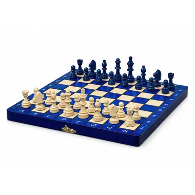 Magnetisches Schachspiel aus blauem und elfenbeinfarbenem Holz, geöffnetes Klappbrett
