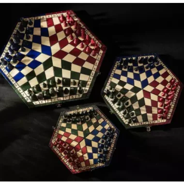 Jeu d'Échecs à 3 Joueurs en Bois – Coffret Tricolore Taille Moyenne avec Pièces Staunton