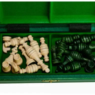 Geöffnete Aufbewahrungsbox mit getrennt verstauten hellen und dunklen Figuren