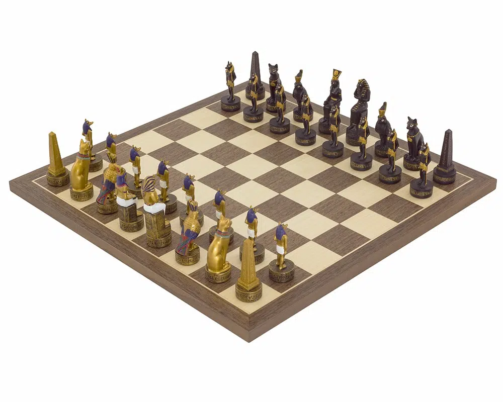 Jeu d’Echecs Égypte Ancienne – Échiquier en Bois et Pièces Peintes à la Main