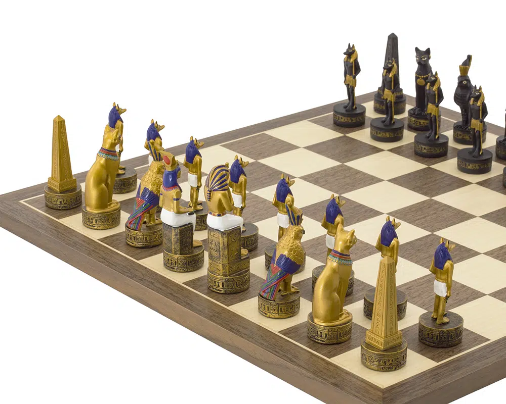 Jeu d’Echecs Égypte Ancienne – Échiquier en Bois et Pièces Peintes à la Main
