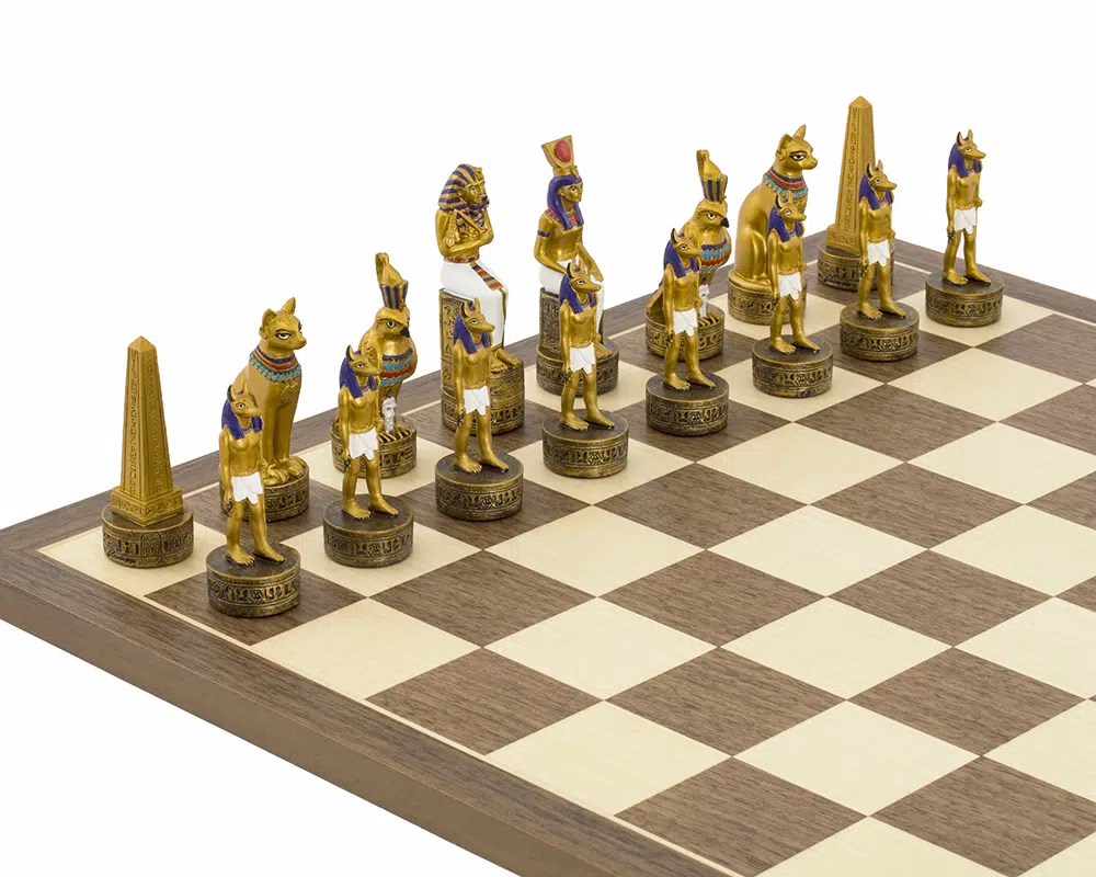Jeu d’Echecs Égypte Ancienne – Échiquier en Bois et Pièces Peintes à la Main