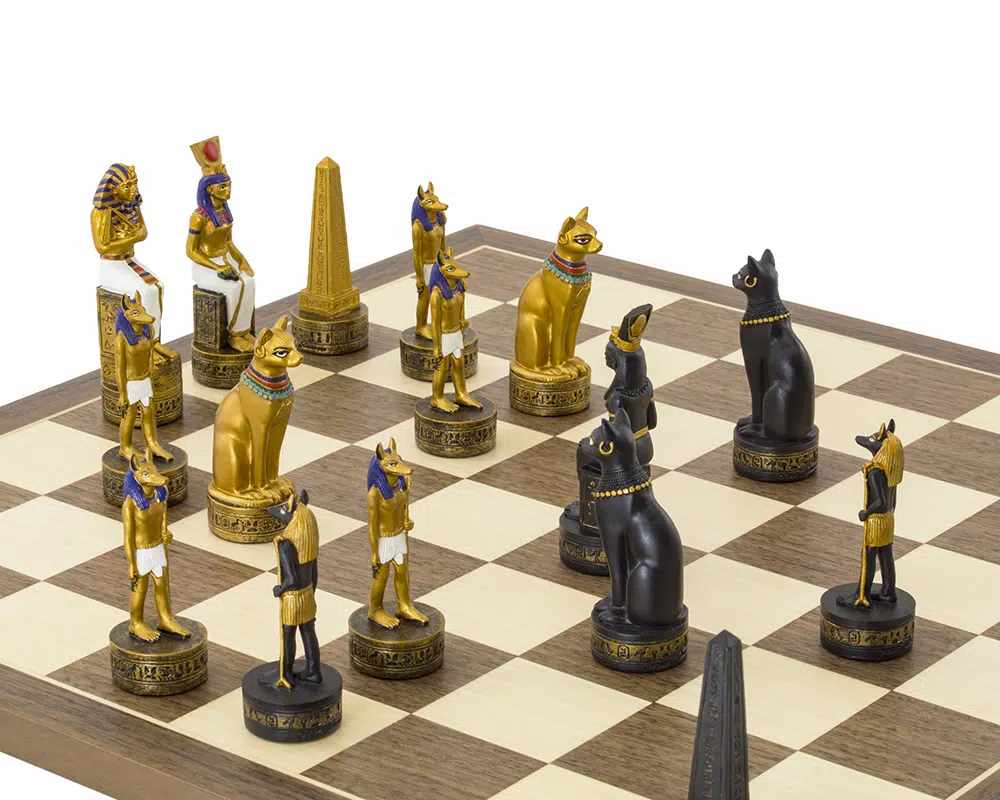 Jeu d’Echecs Égypte Ancienne – Échiquier en Bois et Pièces Peintes à la Main