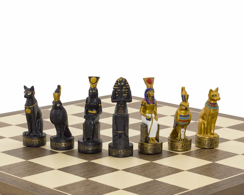 Jeu d’Echecs Égypte Ancienne – Échiquier en Bois et Pièces Peintes à la Main