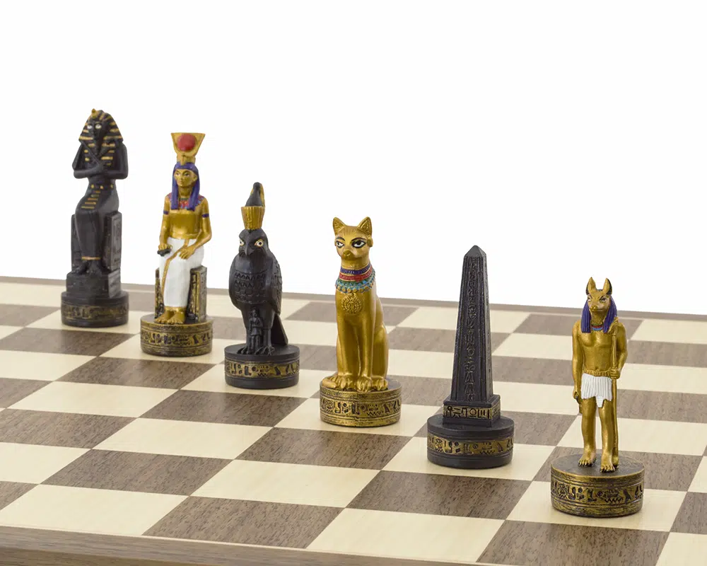Jeu d’Echecs Égypte Ancienne – Échiquier en Bois et Pièces Peintes à la Main