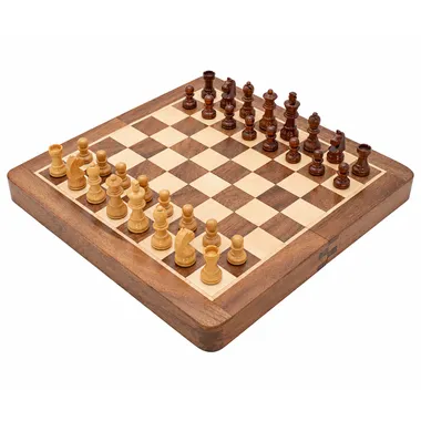 Klappbares magnetisches Reiseschach aus Holz, Seitenansicht mit Figuren - Le Palais des Echecs
