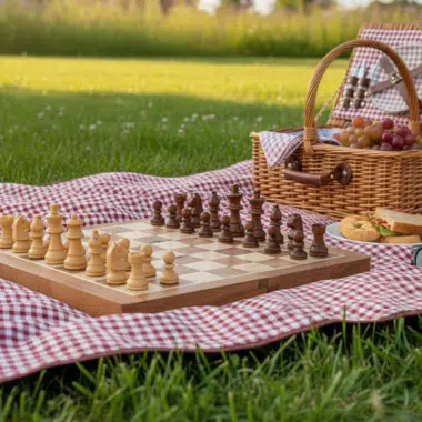 Schachpartie im Freien mit Picknick auf einer Decke - Le Palais Des Echecs