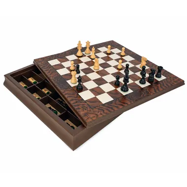 Luxus-Schachspiel Kingsclere aus Ebenholz und Nussbaum mit integriertem Stauraum