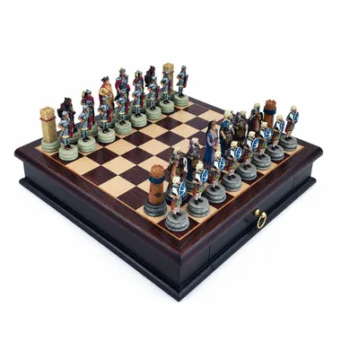 Themen-Schachspiel Römer gegen Araber, komplett, auf Schachbrett-Kassette aus Palisander 32cm