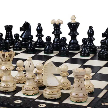 Schachspiel auf Holzbrett mit schwarzen und weißen Figuren - Le Palais Des Echecs