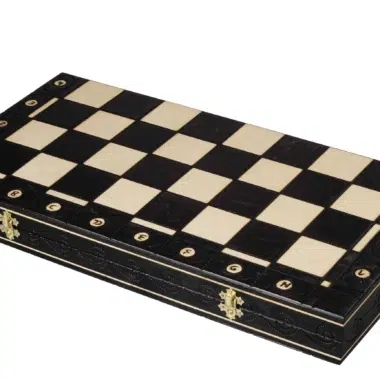 Geschlossene Schachbox aus schwarzem Holz mit elegantem Muster