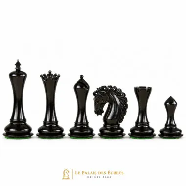 Elegante Details der Empire Ebenholz 4,25" Schachfiguren, ganz in Schwarz - Le Palais Des Echecs