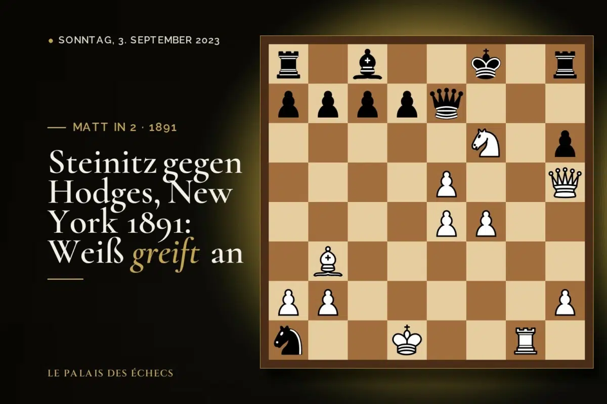 Stellung der Schachaufgabe: Weiß zieht und setzt in 2 matt (Wilhelm Steinitz – Albert Hodges, New York, 1891)