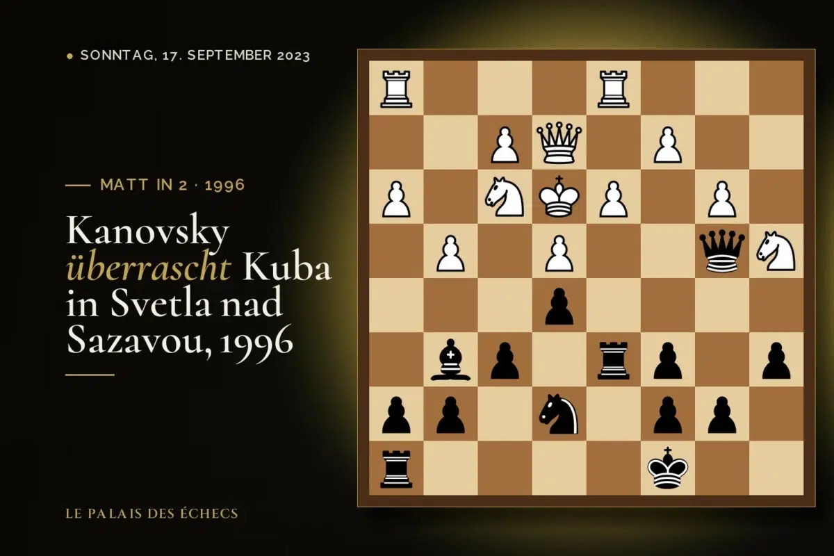 Stellung der Schachaufgabe: Schwarz zieht und setzt in 2 matt (Jindrich Kuba – David Kanovsky, Svetla nad Sazavou, 1996)